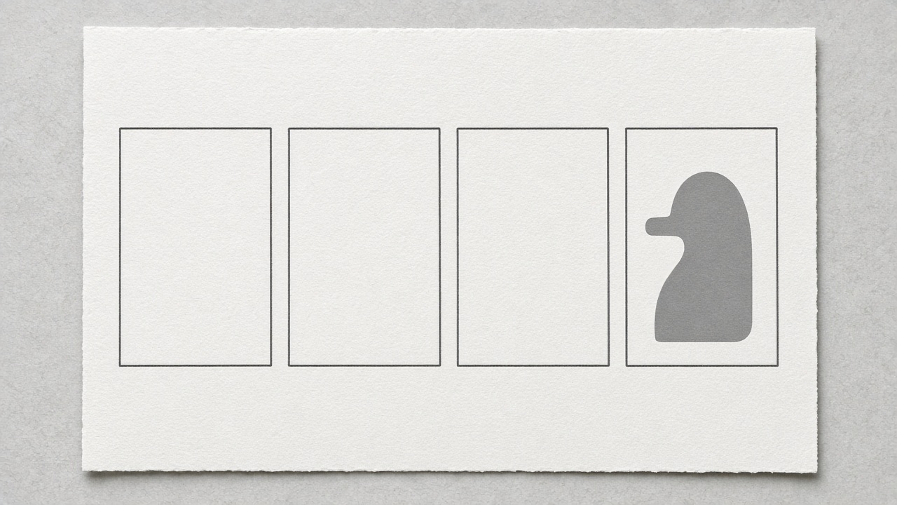 Four blank storyboard frames on paper, the last one holding a gray shape.