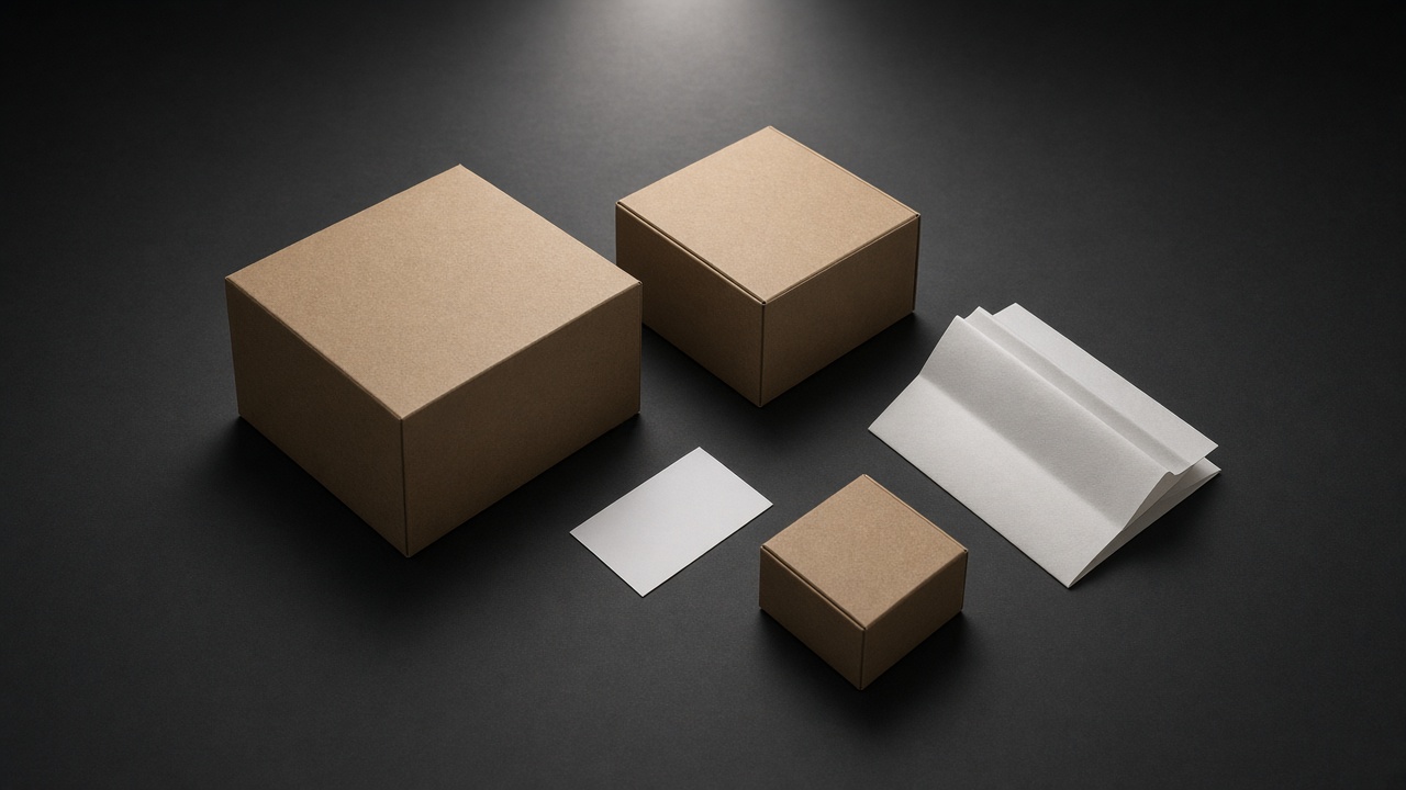 Plain kraft boxes and a blank card on a charcoal table.
