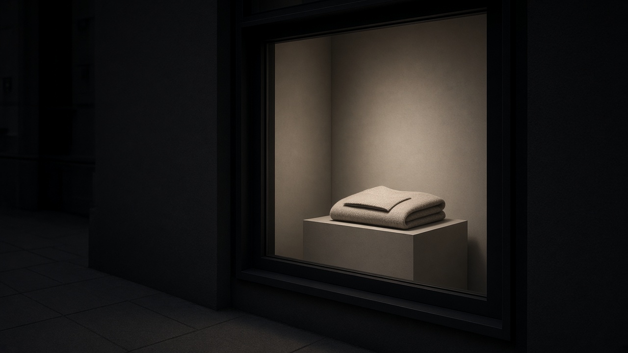 A lit shop window at night, one garment on a plinth.