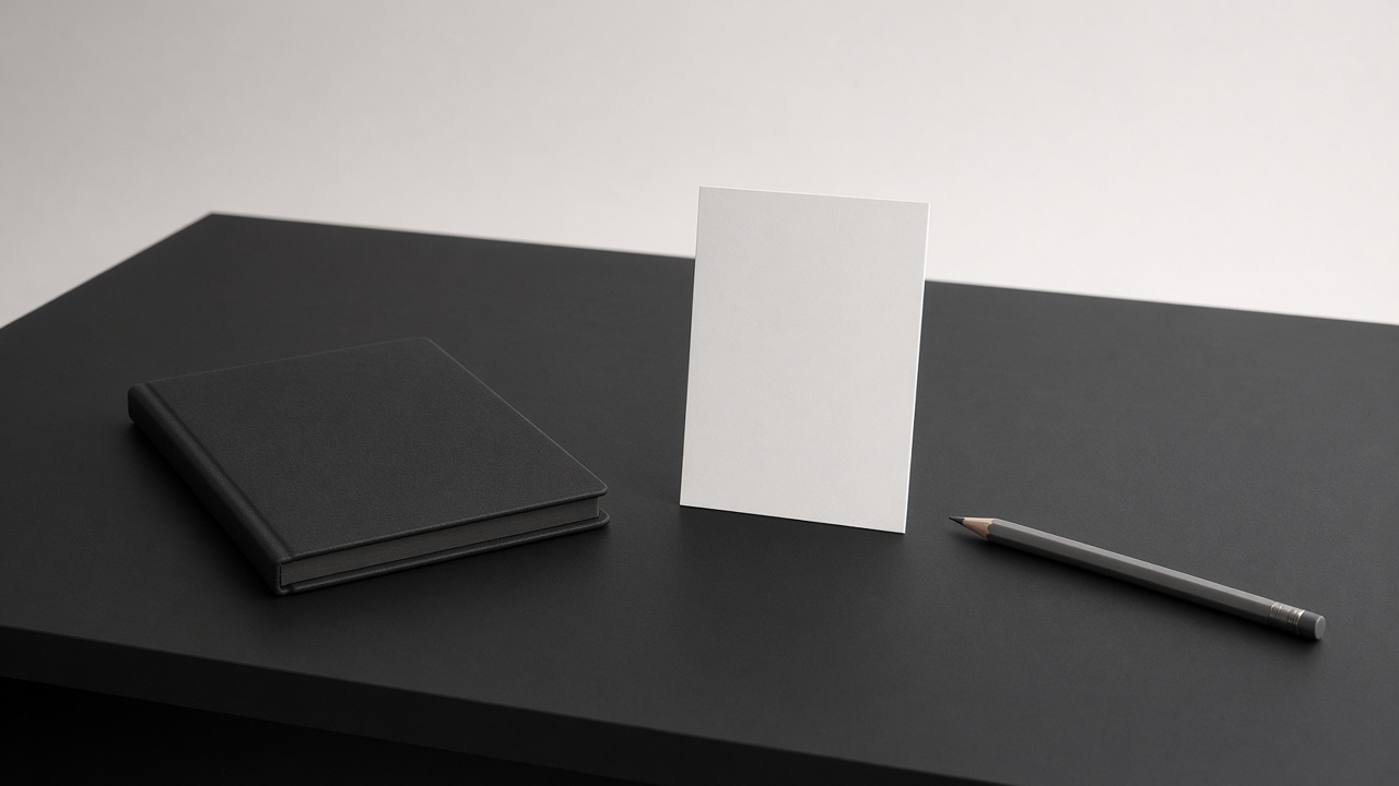 A dark desk with a blank card and a pencil.