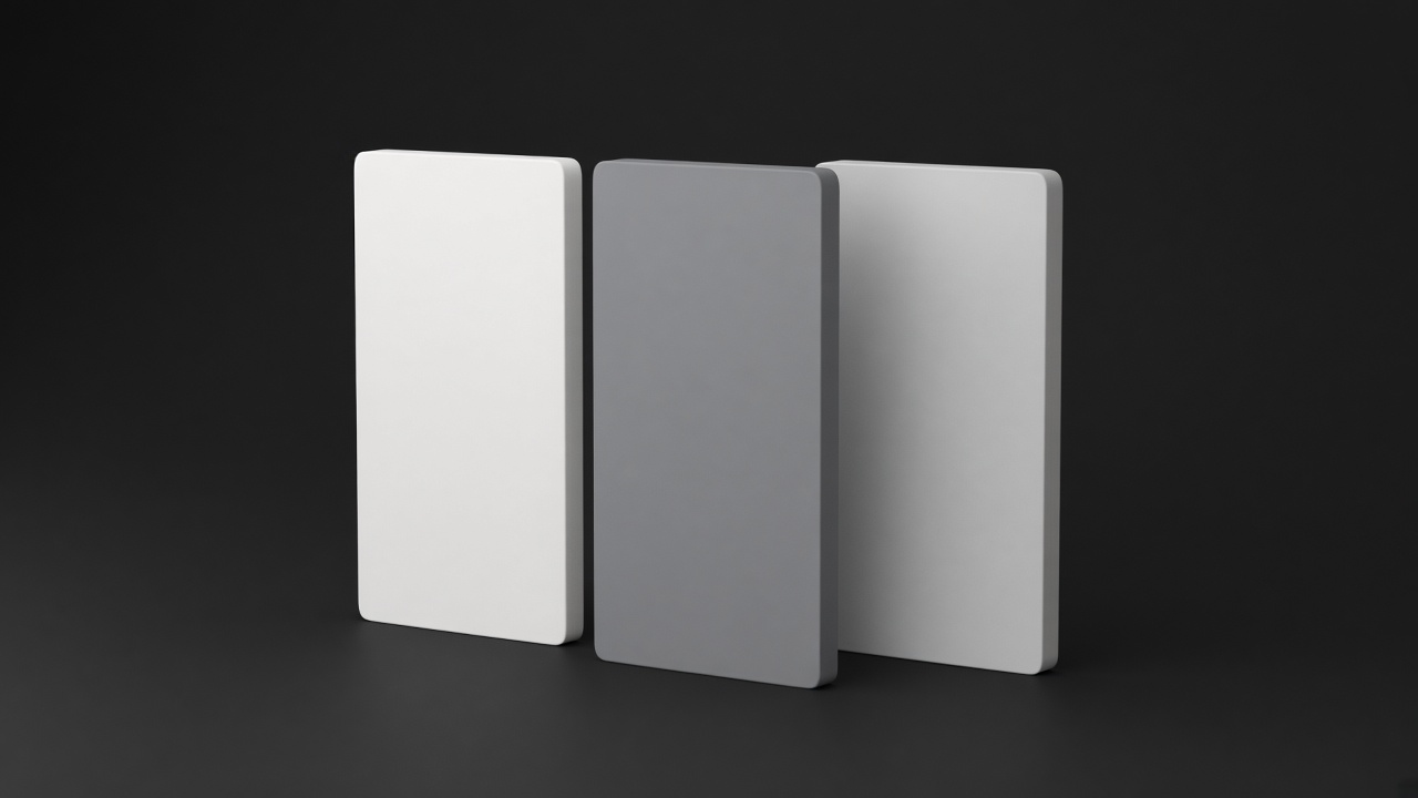 Three blank vertical frames in white, gray, and off-white.